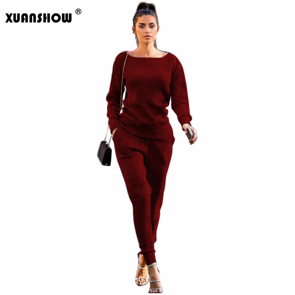 XUANSHOW النساء 2 قطعة مجموعة الربيع الخريف العثماني النسيج شريط الصلبة طويلة بدل رجالي السيدات السراويل مجموعات