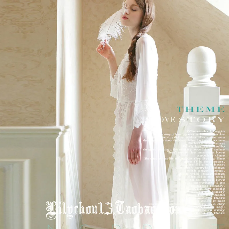 Women Sleepwear Sexy White Lace Long Robe Princess Dress Maternity Nightgown Elegant European-style Nightwear Vestidos