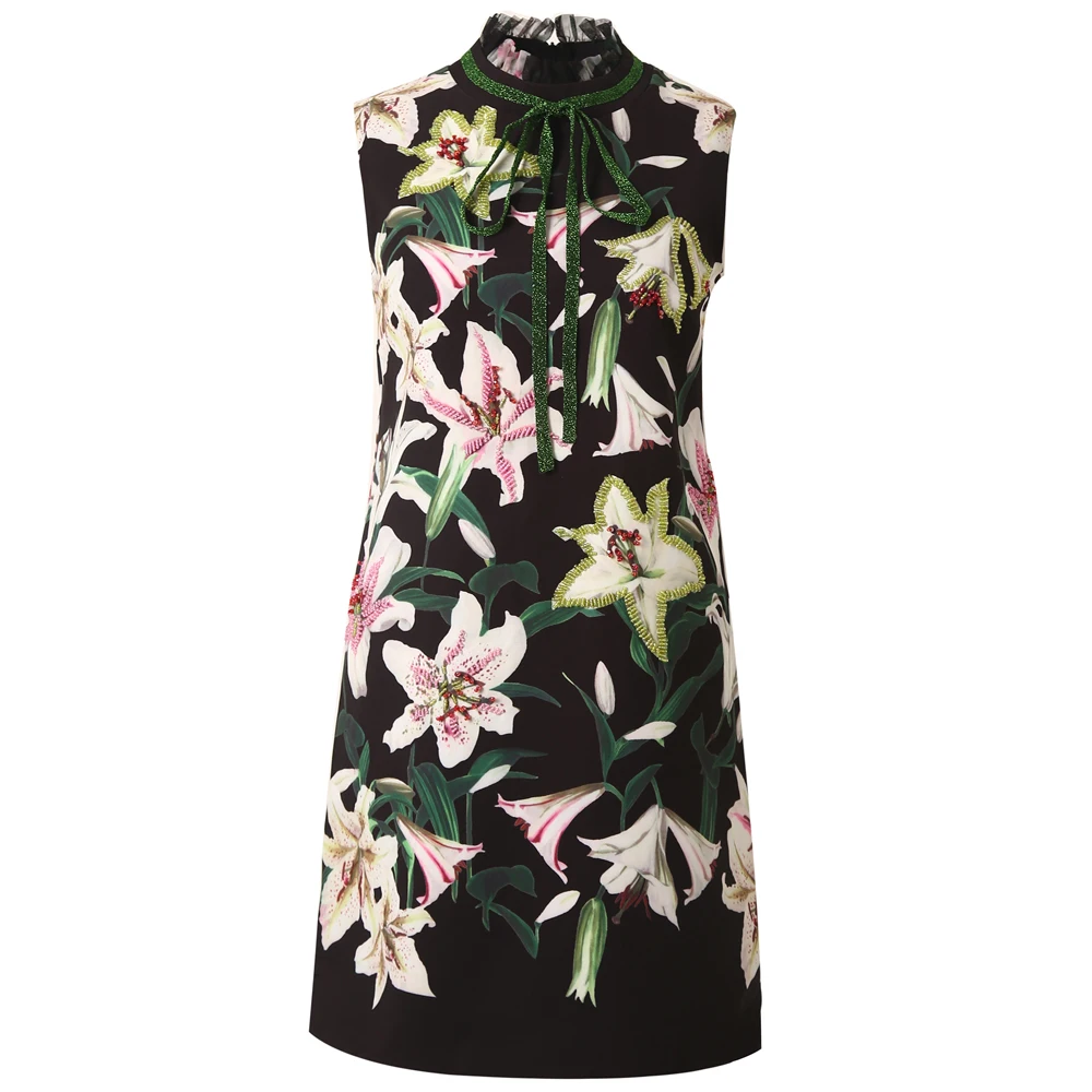 

Red RoosaRosee Fashion Runway Women Summer Gorgeous Beads Flower Print Elegant Vest Black Mini Dress Vestidos Lady Robe Femme