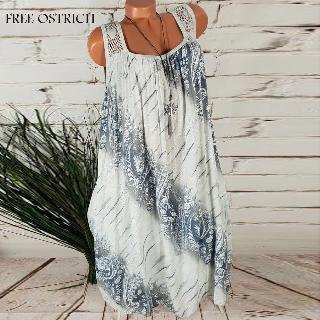 

FREE OSTRICH Plus Size Women Summer Dresses Printing Back Lace Sleeveless Beach Dress Loose Comfortable Apparel