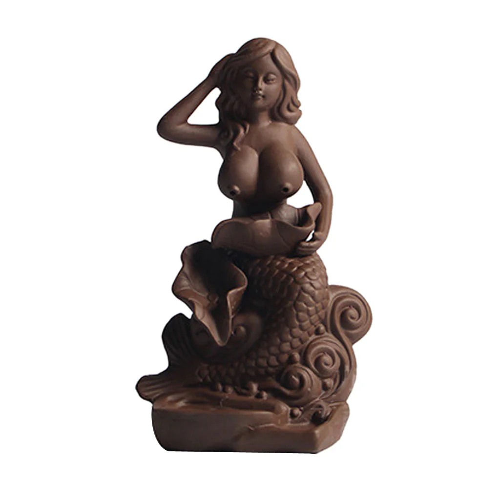 Ceramic Brown Mermaid Incense Burner Statue Burner Figurine Statue Home Decor Tea House Bedroom Table Decoration Great as Gift 
