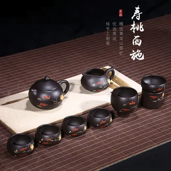 

Yixing Mine Black Mud Shoutao Xishi Pot Set Mud Painting Folk Crafts Full Handmade Purple clay Teapot Tea ceremony