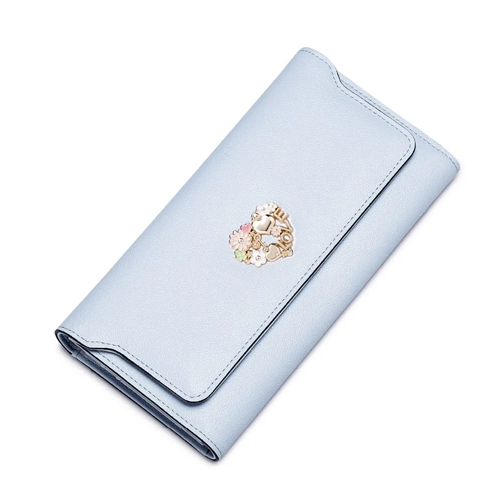 

2016 New Women's Metal Floral Cowhide Leather Big Capacity Bifold Long Wallet Card Holder Ladies Purse Fashion Clutch