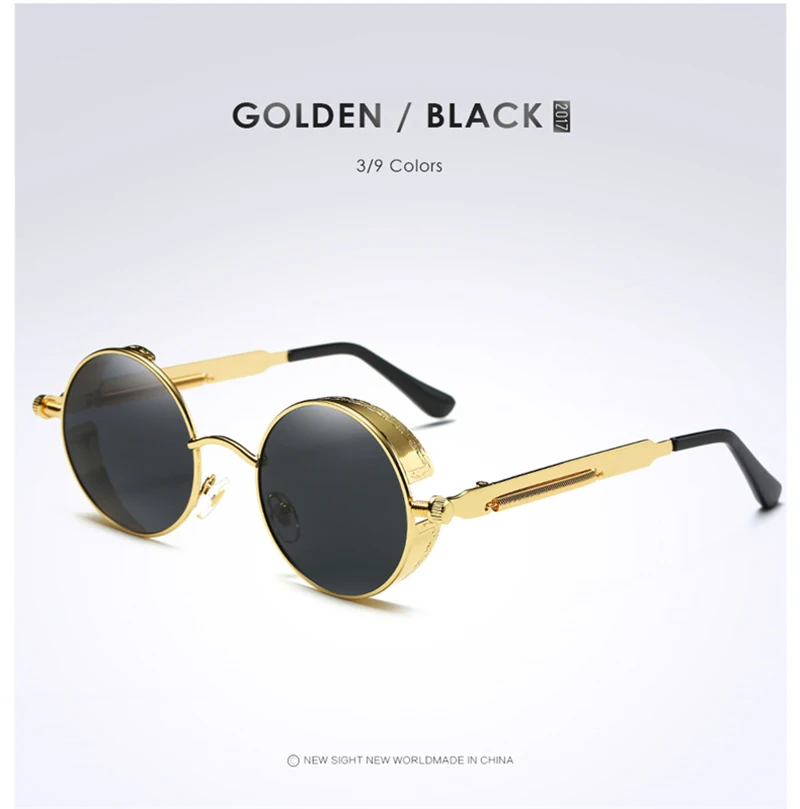 Черные металлические черные поляризованные Круглые Солнцезащитные очки Мужские готические стимпанк Солнцезащитные очки женские модные Ретро винтажные очки Polaroid
