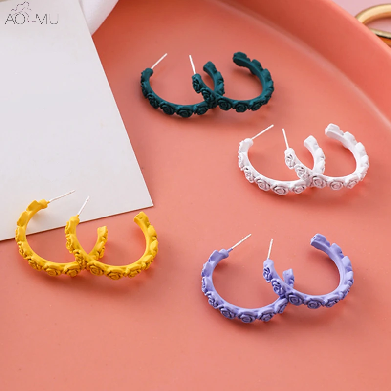 

AOMU Korea S925 Sterling Silver Colorful Enamel Rose Geometric C Shape Stud Earrings for Women Girl Simple Fashion Jewelry