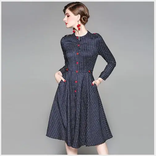 Femme A Manteaux Longues Nouveau Casual Mode Fit Femmes O Blue Manches Automne Navy Plaid 2018 Longue Section cou Slim ligne Robe 4OwvqP8