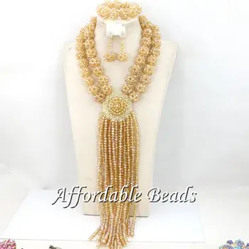 

Champagne Women Costume Jewelry Set Newest Wedding African Beads Set Best Item Wholesale HEB088
