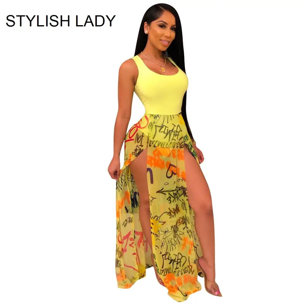 

STYLISH LADY Letter Printed Side Split Dress 2019 Summer Women Sleeveless O Neck Yellow Blue Back Zipper Club Beach Long Dress
