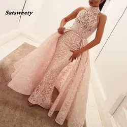 2019 без рукавов розовый кружевной Высокая шея вечерние платья Съемная Поезд Pageant знаменитости платья на выпускной в арабском стиле
