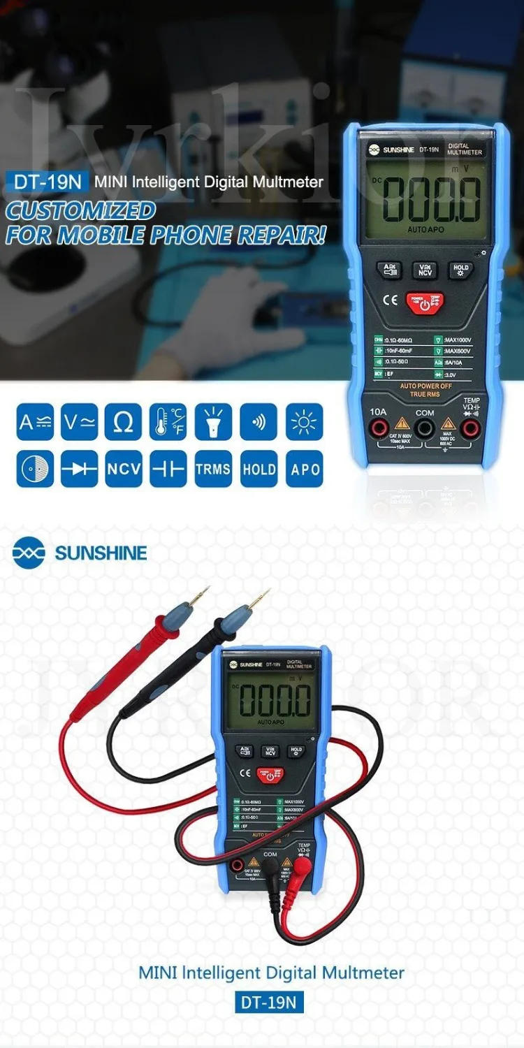 Jyrkior Sunshine DT-19N мини интеллектуальный цифровой мультиметр по индивидуальному заказу для мобильного телефона Обнаружение тока и сопротивления напряжения