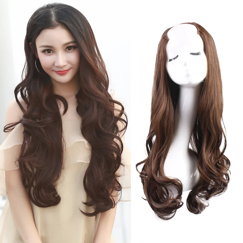 

Half Head Wig Curly U Part Synthetic Invisible Clip in Hair Extension for Women Brown Blonde Natural 28'' Hairpiece 3/4 Wig W09