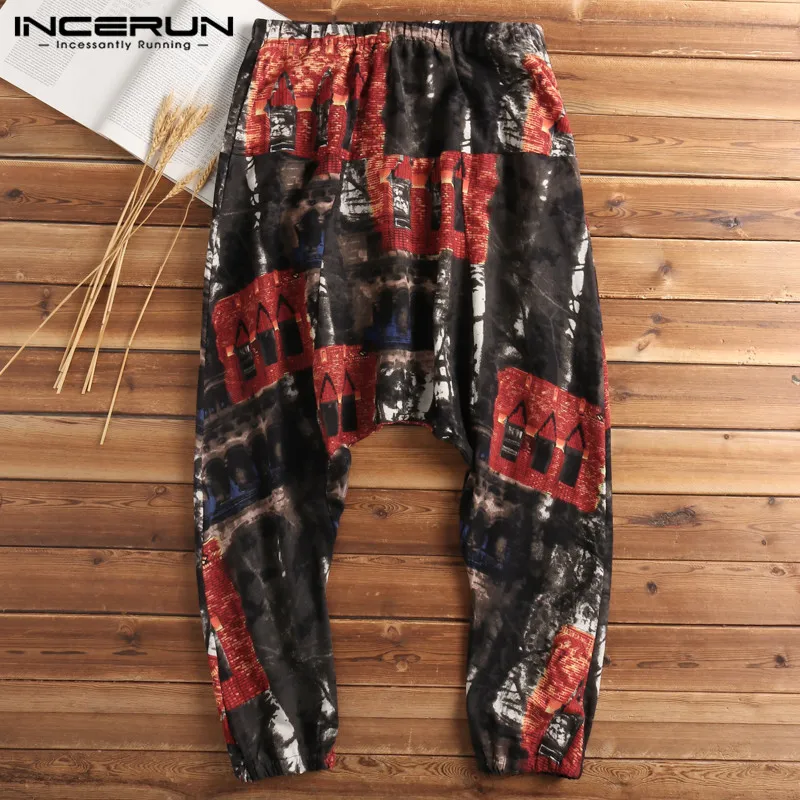 INCERUN 2022 Men Harem Pants Print Retro Drop Crotch Joggers Cotton Trousers Men Baggy Loose Nepal Style Men Casual Pants S-5XL high waisted harem pants