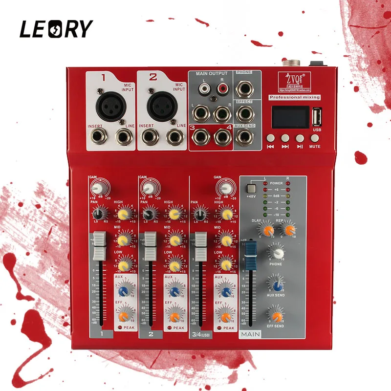 

LEORY Multi-coating Piano Paint Red Digital Audio Mixer Professional bluetooth DJ Mixer Console With USB 4 Channel For Karaoke