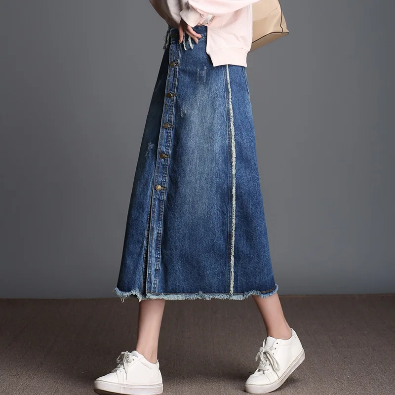 

7XL 8XL 9XL Woman Long Skirts High Waist Single Breasted Denim Skirt For Women Plus Size Long Casual Skirts Tassels jeans Skirt