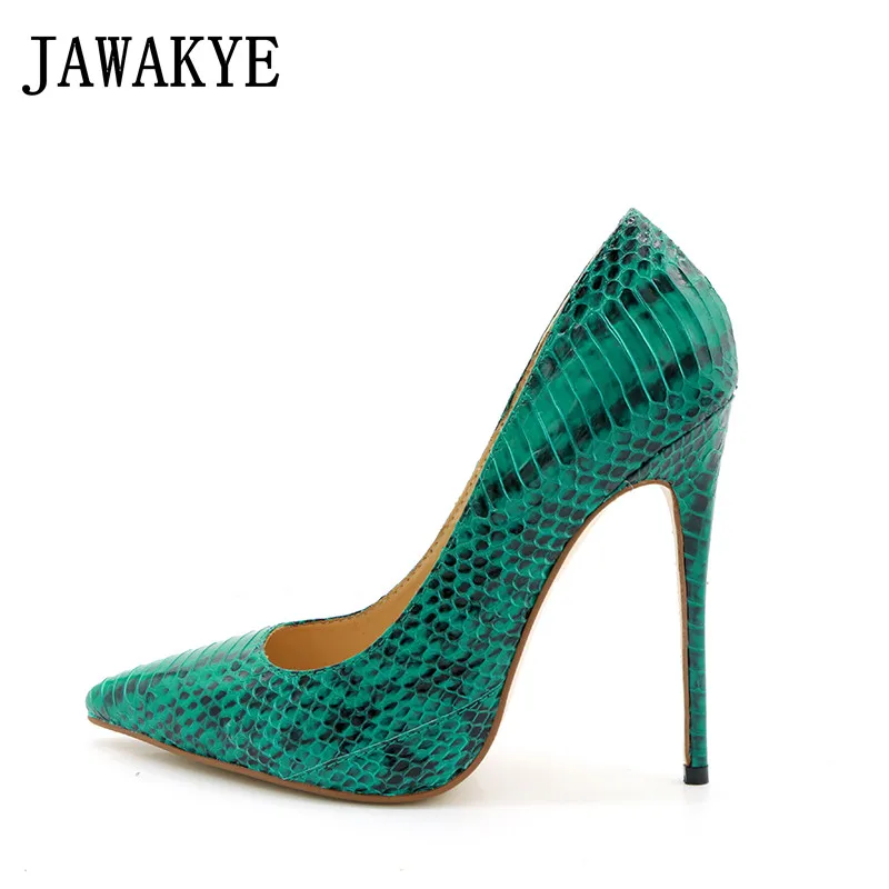 JAWAKYE Runway Snakeskin Green Women Pumps Sexy Pointed toe 12CM Thin High Heels Shoes Slip On Female Retro Party Shoes Woman