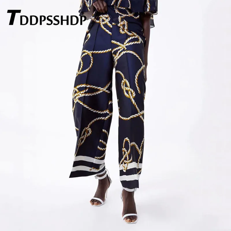 

Rope Printing Dark Blue Color Women Pants 2019 Zipper Wide Leg High Street Office Lady Female Trousers