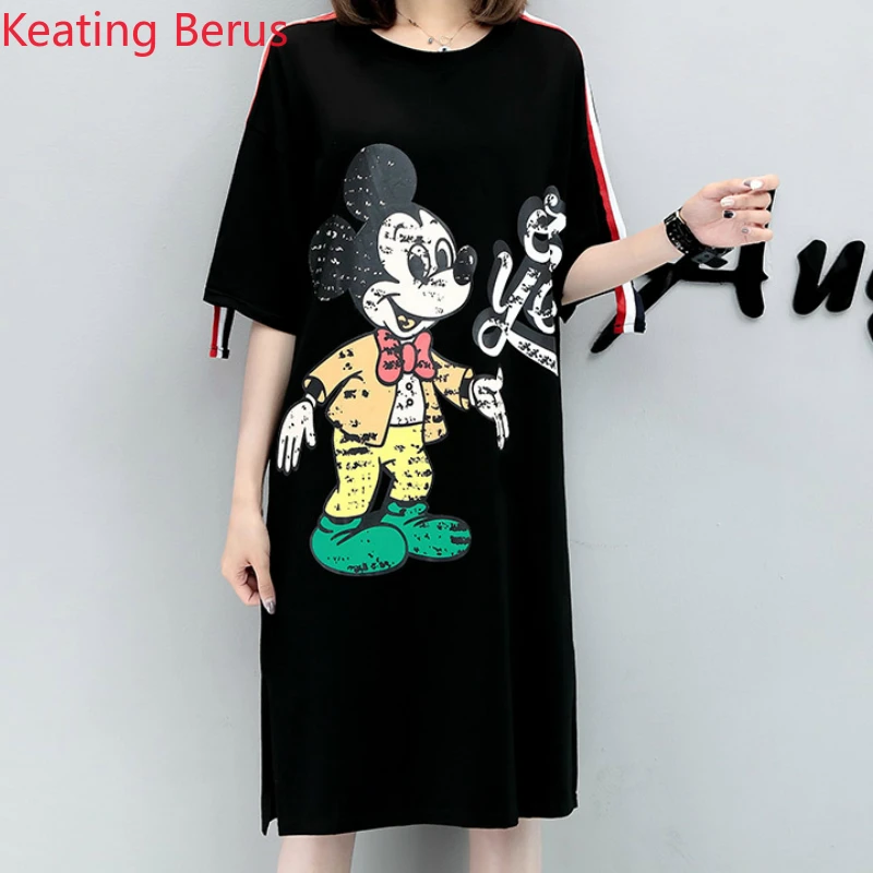 

2019 Fashion Summer Ladies Short Dress Black Loose Large Size 5XL Round Neck Short Sleeve Mickey Mouse Cartoon Print Dress 1617