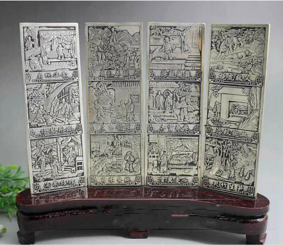 

Wonderful old tibet silver 4 screen with 8 dutiful son statue on wood stand old