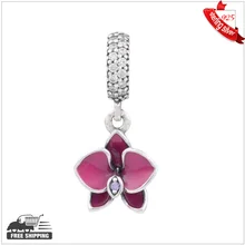 Se adapta a pandora charms pulseras de plata encanto orquídea original esmalte de los granos de plata de ley con piedras de la cz joyería al por mayor diy