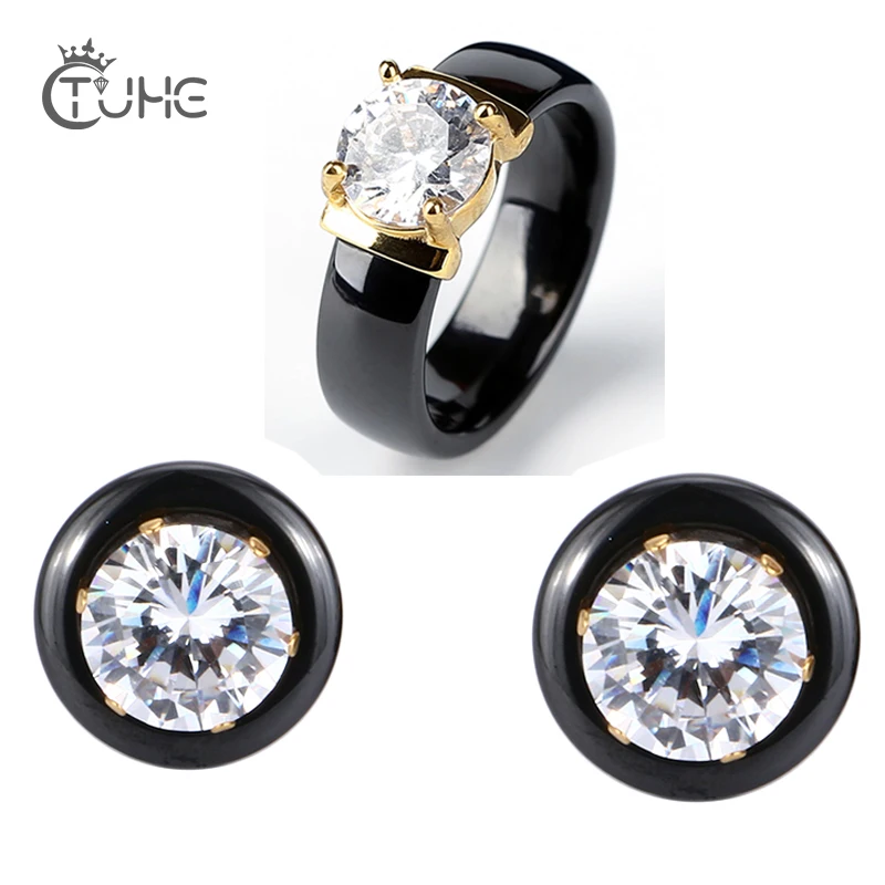 

585 Gold Color Big 2.0 Carat Rhinestone Jewelry Set Fashion Jewelry Bling Crystal Ceramic Rings Stud Earrings Women Wedding Gift
