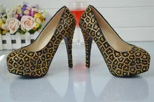 Golden leopard grain diamond wedding shoe manual processing Waterproof diamond shoes High with the bride wedding dress shoes
