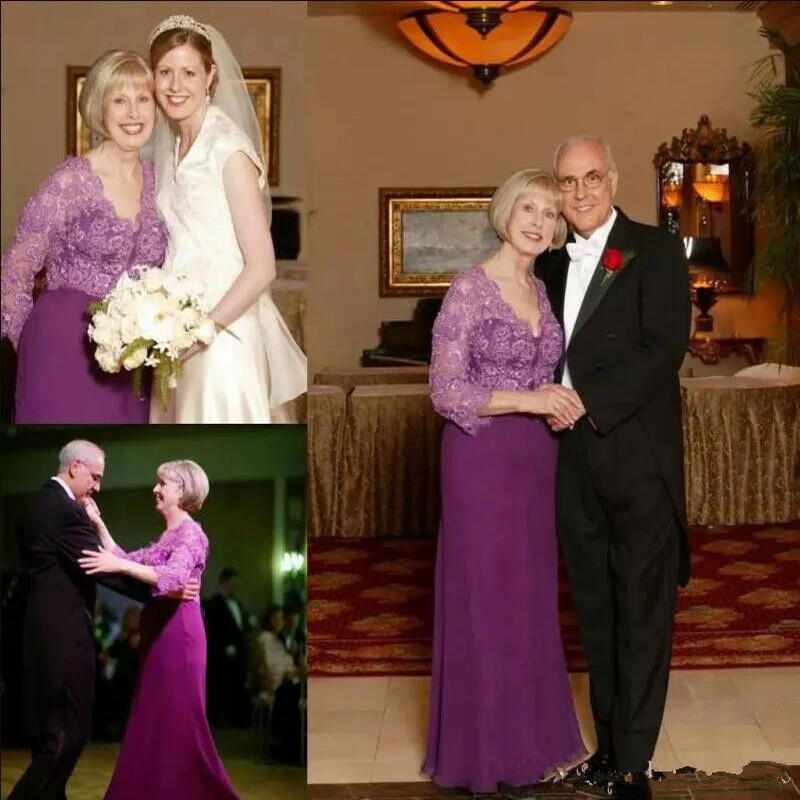 

2019 Purple Mother of the Bride Dresses Lace Chiffon 3/4 Sleeve Plus Size Custom For Wedding Party vestidos de fiesta de noch