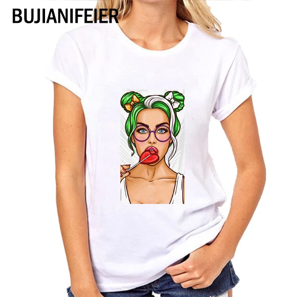

BUJIANIFEIER NEW 2019 SUMMER Fashion girl A girl who eats sugar print white Short Sleeve Female T-shirts BJN124