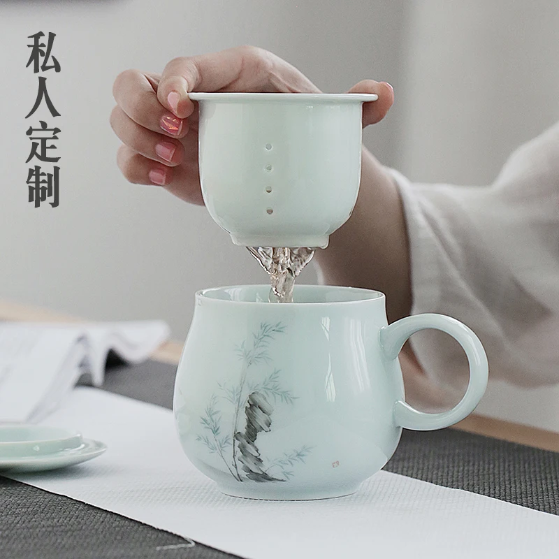 Jingdezhen green ceramic tea cups with cover filter cup mug gifts custom office water cup drinkware