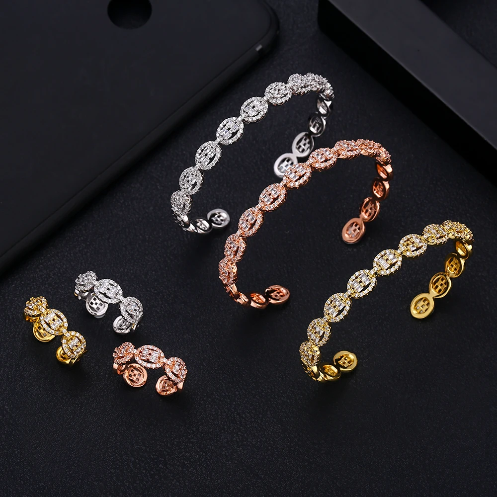 

jankelly luxury Unique African Bangle Ring Set Jewelry Sets For Women Wedding Cubic Zircon Crystal CZ Dubai Bridal Jewelry Set