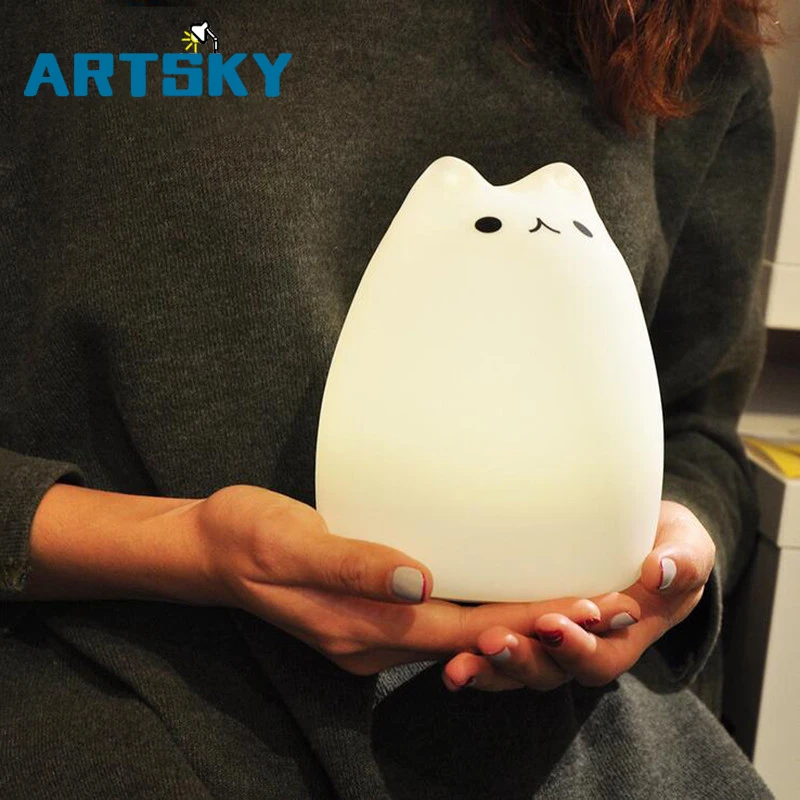 

USB rechargeable LED Colorful Night Light Animal Cat stype Silicone Soft Breathing Cartoon Baby Nursery Lamp for Children Gift