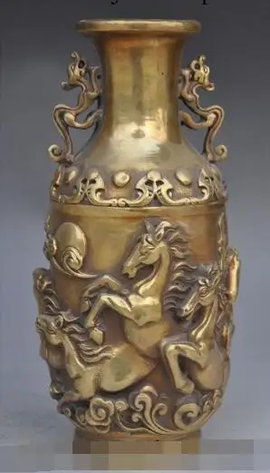 S0944 9"Chinese fengshui brass Zodiac 8 horse Zun Cup Bottle Pot Vase Jar lucky Statue