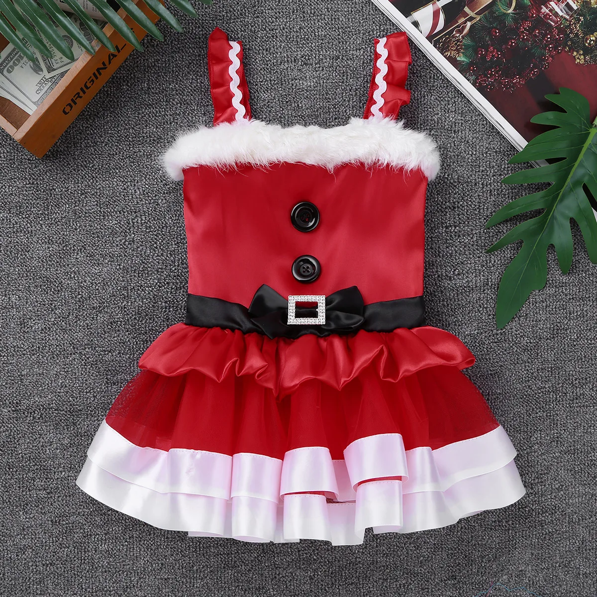 Детский Рождественский костюм Санта-Клауса для девочек новогодние вечерние платья для маленьких девочек, гофрированные бретельки, искусственный мех, бант, платье с пачкой из сетки