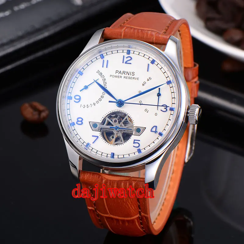 43 мм часы Parnis белый циферблат Запас хода указатель Чайка 2505 автоматические механические мужские часы PN-235D