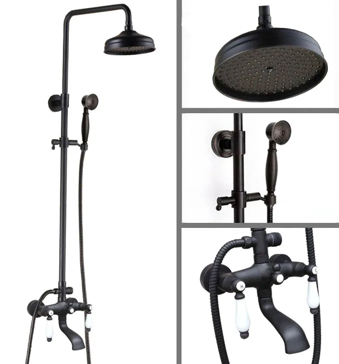

Black Oil Rubbed Brass Dual Ceramic Handles Bathroom 8 Inch Round Rain Shower Faucet Set Bath Tub Mixer Tap Hand Shower mhg141