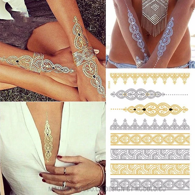 Waterproof Temporary Tattoo Sticker Gold Sliver Metallic Henna Hair Tatto  Flash Tatoo Fake Tattoos For Women - Temporary Tattoos - AliExpress