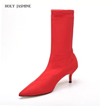 Осенние женские сапоги-носки; ботильоны с острым носком на высоком каблуке 6,5 см без застежки из эластичной ткани; женские туфли-лодочки; женская обувь на шпильке