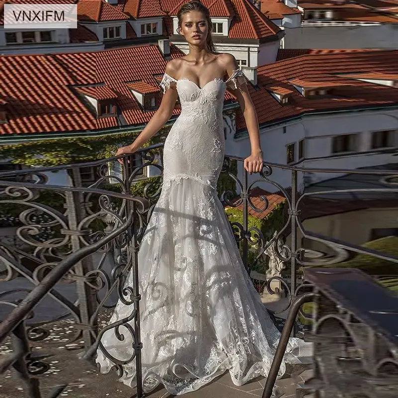 VNXIFM Elegant Off The Shoulder Mermaid Wedding Dresses 2019 Sexy Lace Applique Sweep Train Beach Garden Bridal informal Dress | Свадьбы и