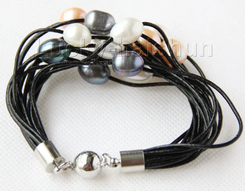 

Free Shipping >> 8" 13mm 15row white black pink purple pearls black leather bracelet