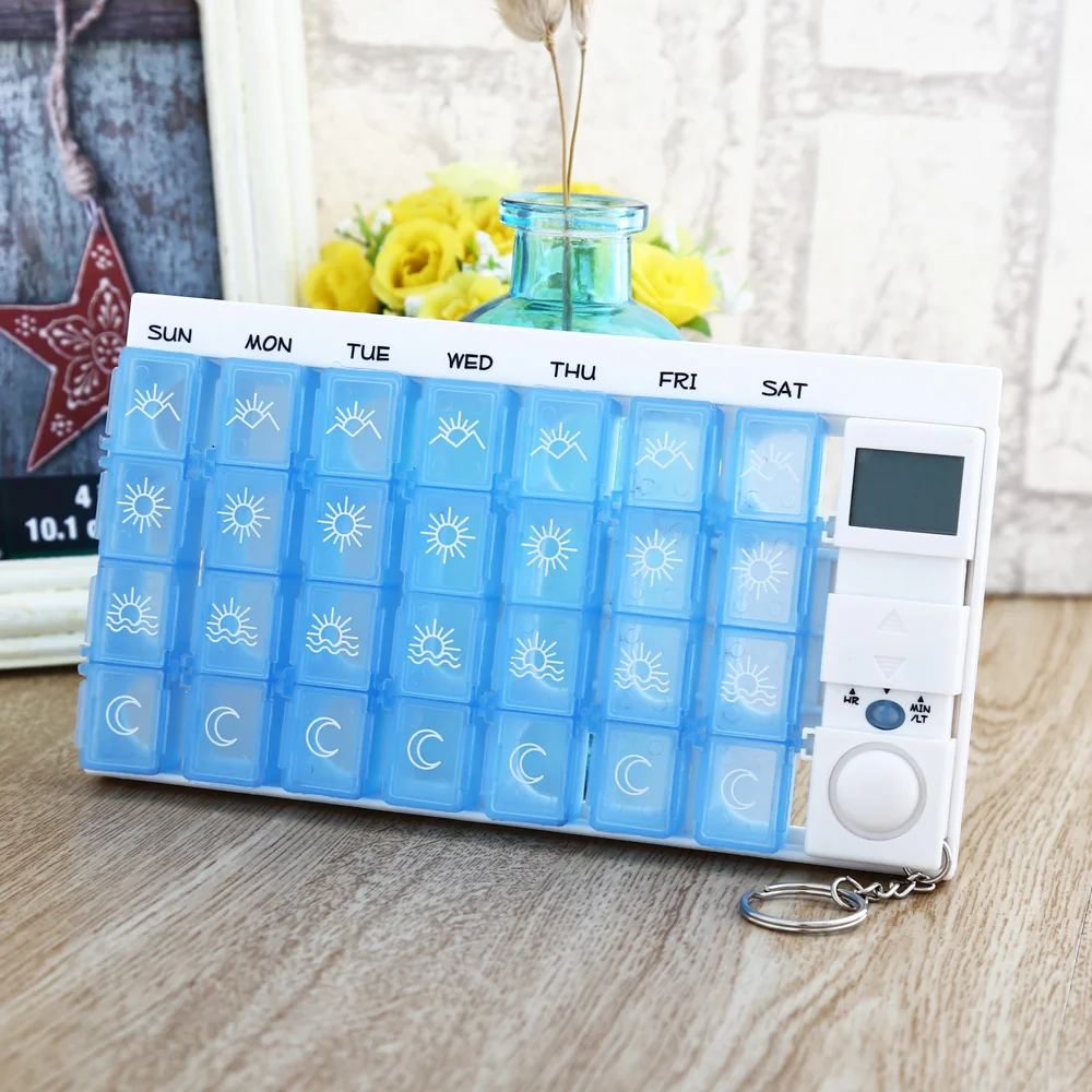 

28 Cell Weekly Smart Medicine Box with Reminder LCD Intelligent Pill Dispenser Timer Weekly Sort Folding Vitamin Medicine Box