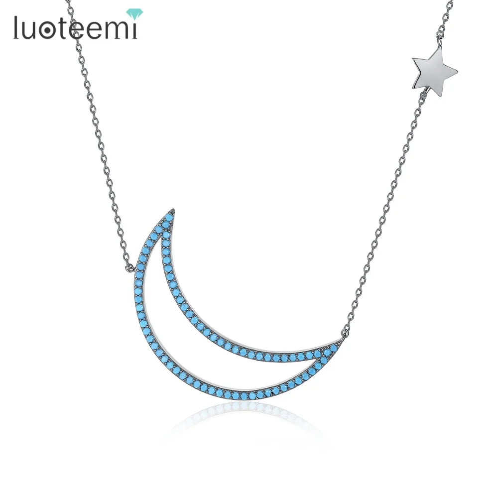 

LUOTEEMI Elegant Necklace Gun Black with Blue Stones Moon Pendant Single Star in Chain Best Gift for Girl Friend Birthday Party