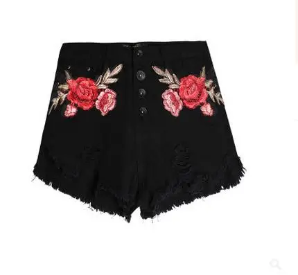 

2017 Women-Summer-Jeans-Shorts-High-Waist-Embroidery-Black-Sexy-Female-Tassel-Ripped-Denim-Shorts-Flower