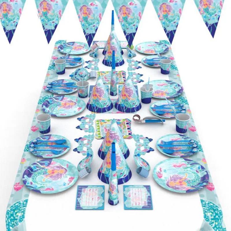 Праздничные украшения для девочек на день рождения, вечерние одноразовые столовые приборы в стиле Русалочки, принадлежности для пляжного отдыха, свадьбы, для детского душа