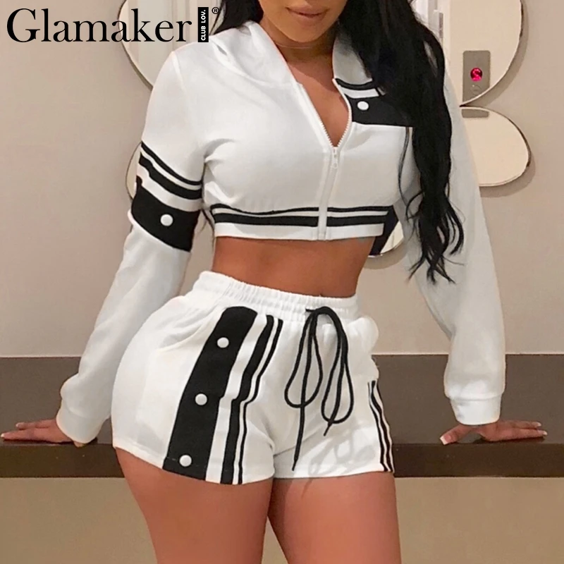 

Glamaker Geometric two-piece suit sexy jumpsuit romper Crop zipper lace up playsuit jumpsuit Women long sleeve hoodies overalls