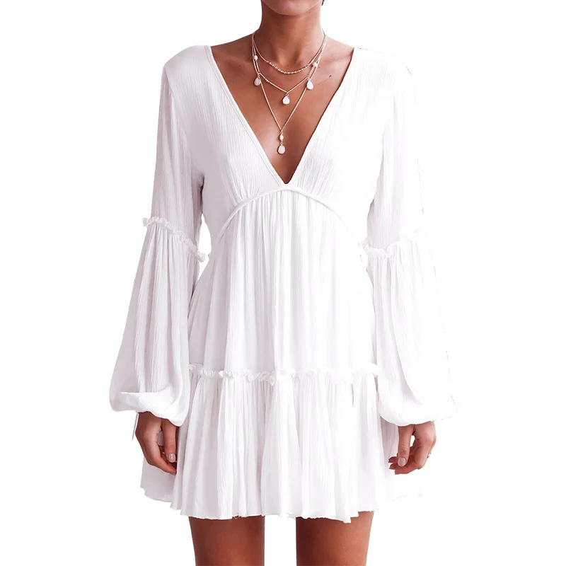 

2019 Sexy Women's Summer Deep V-neck Waist Long Sleeve Lantern Sleeve White Beach Dress Pleated Dress See Through Mini Dress