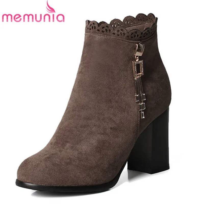 

MEMUNIA 2018 newest ankle boots women round toe flock autumn winter boots fashion square high heels boots casual dress shoes