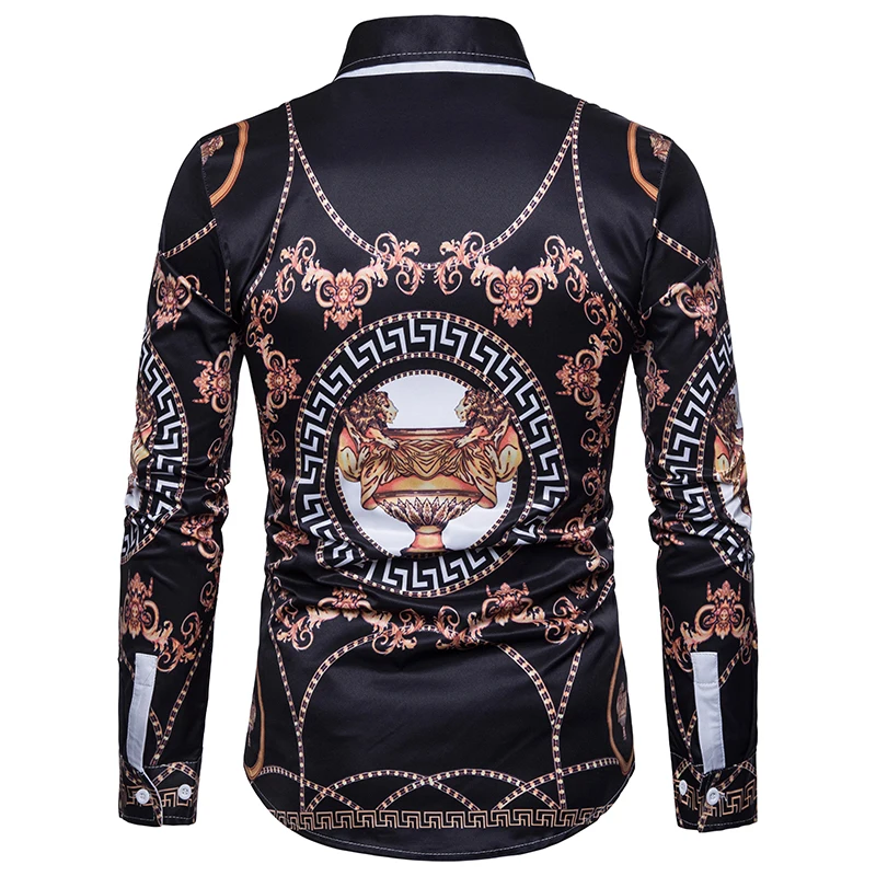 Casual Print Cotton Shirts Mens Long Sleeve Spring New Male Slim Fit Turn-down Collar Shirt Black Fashion