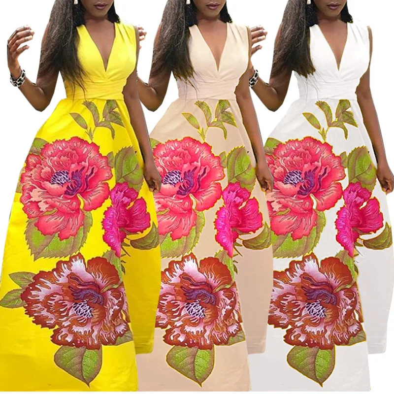 

Women Dress Sleeveless Deep V Neck Patchwork Women Dresses Yellow Floral Printed Vestidos Female Long Maxi Dress Casual Robe xl