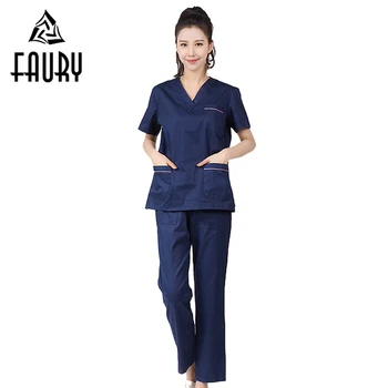 

V-neck Short Sleeve 2018 Pharmacy Medical Surgery Overalls Hospital Doctor Nurse Uniforms Surgical Dental Beauty Salon Tops Pant