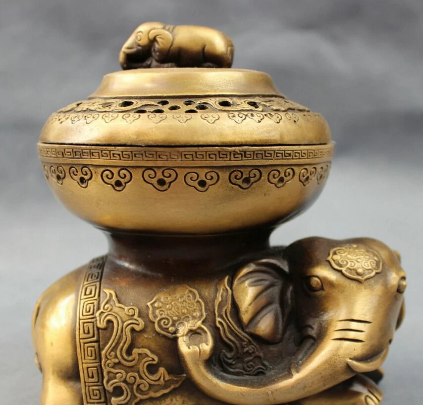

song voge gem S4398 6" Folk Chinese Bronze RuYi Elephant Heffalump Statue Box Incense Burner Censer