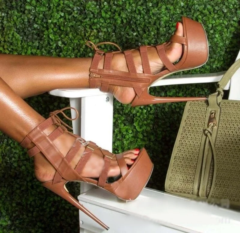 

Sexy Brown Leather Peep Toe High Platform Women Sandals Cut-out Cross Strap Tie-up High Stiletto Ankle Boots Plus Size 10